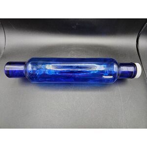 Vintage Cobalt Blue Bubble Glass Rolling Pin Hollow Metal Cap 14" Beautiful
